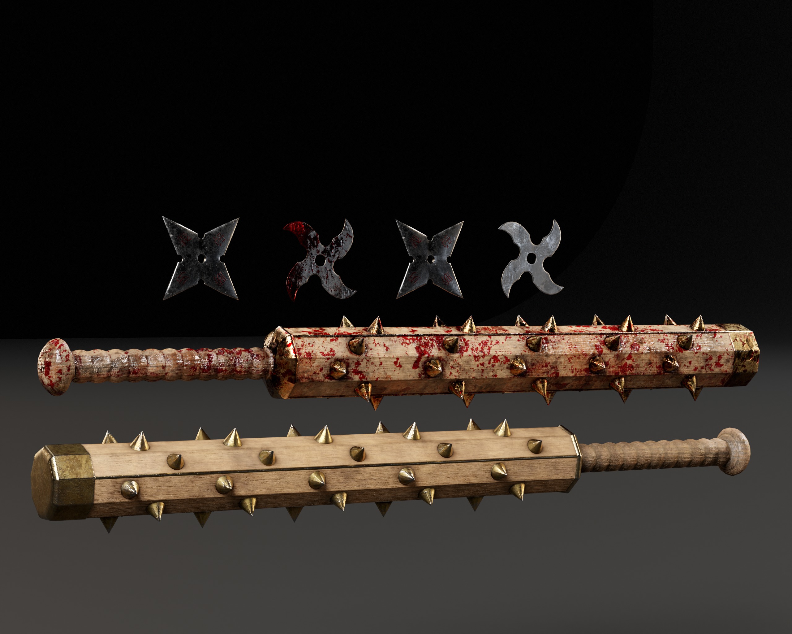 Tetsubo and Shurikens Low-poly 3D model_2