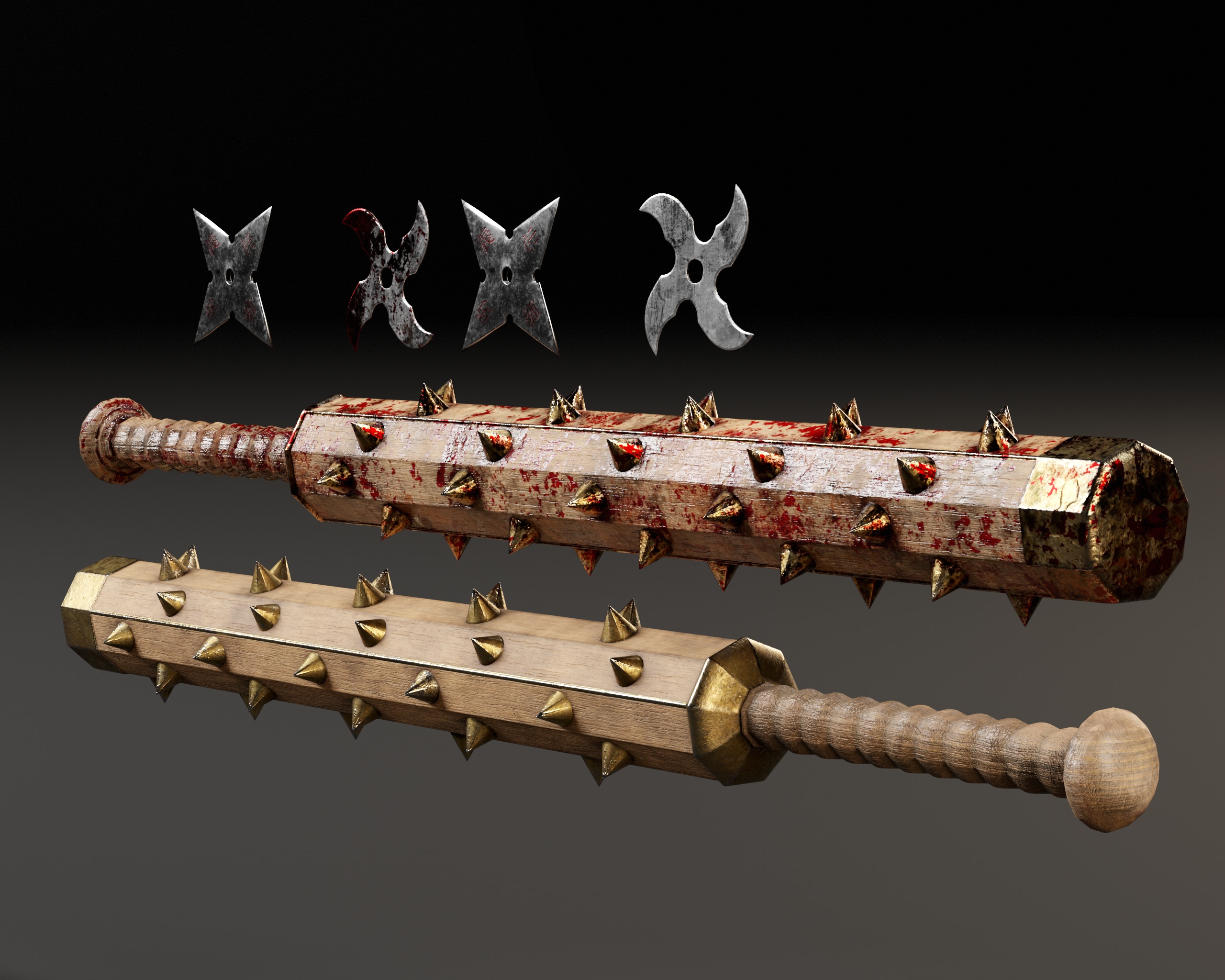 Tetsubo and Shurikens Low-poly 3D model_10