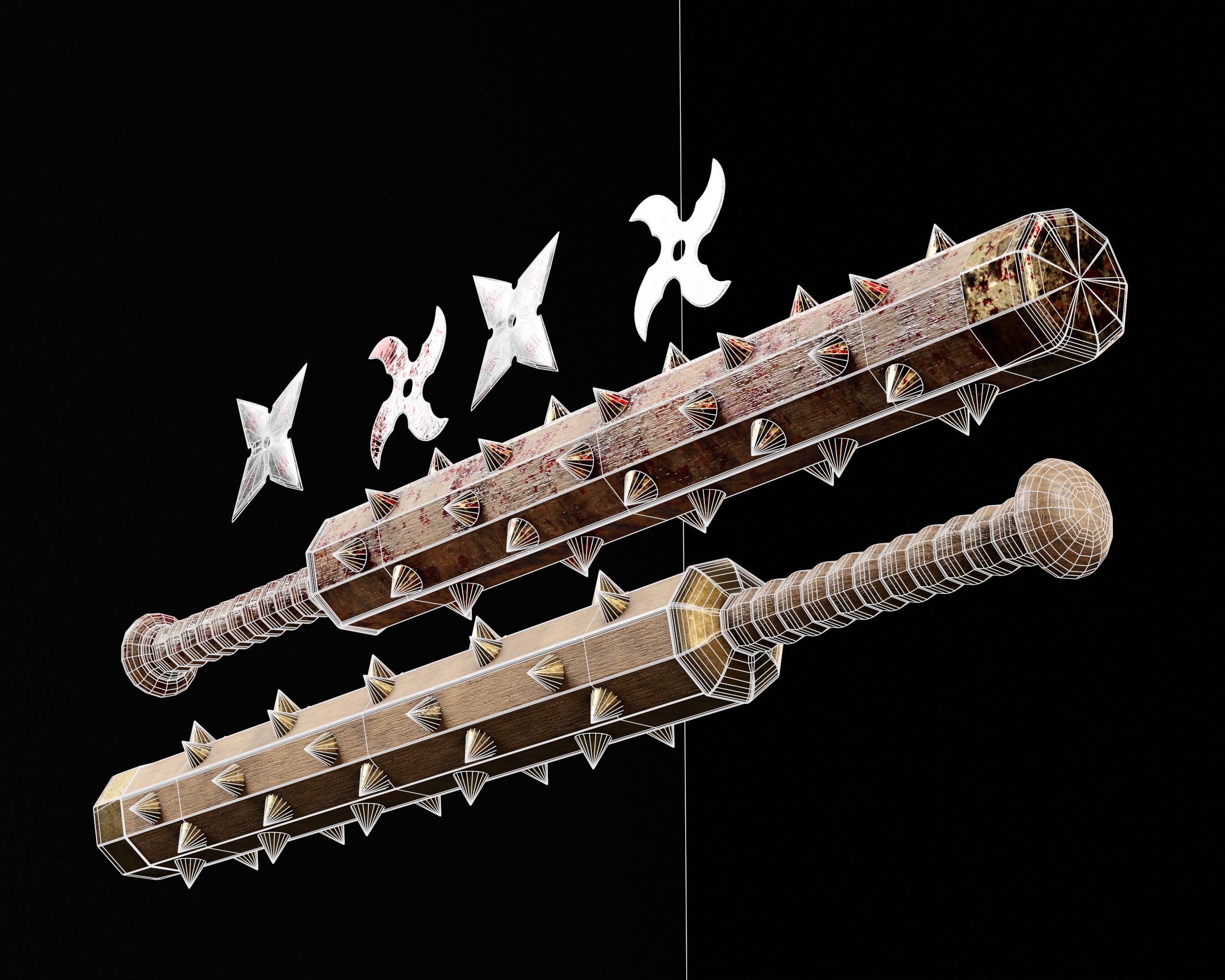 Tetsubo and Shurikens Low-poly 3D model_13