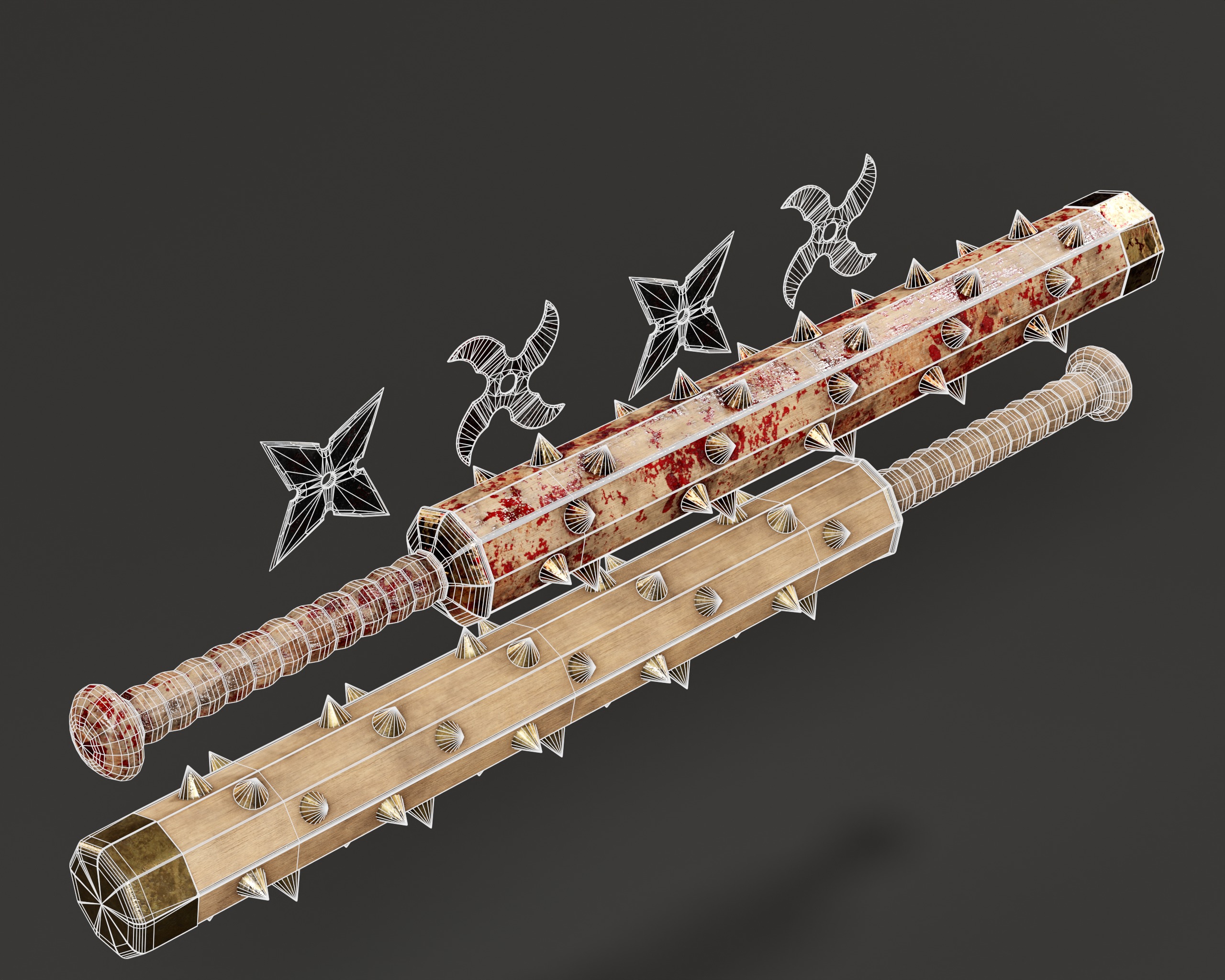 Tetsubo and Shurikens Low-poly 3D model_9