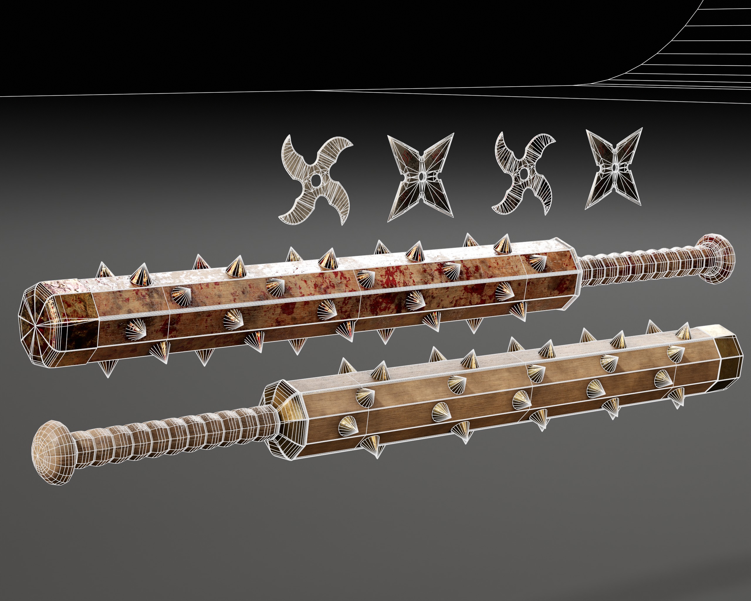 Tetsubo and Shurikens Low-poly 3D model_17