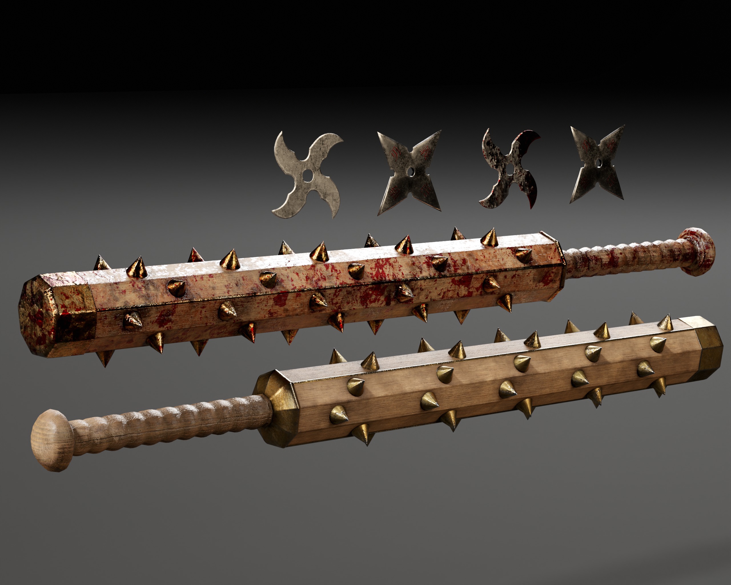 Tetsubo and Shurikens Low-poly 3D model_16