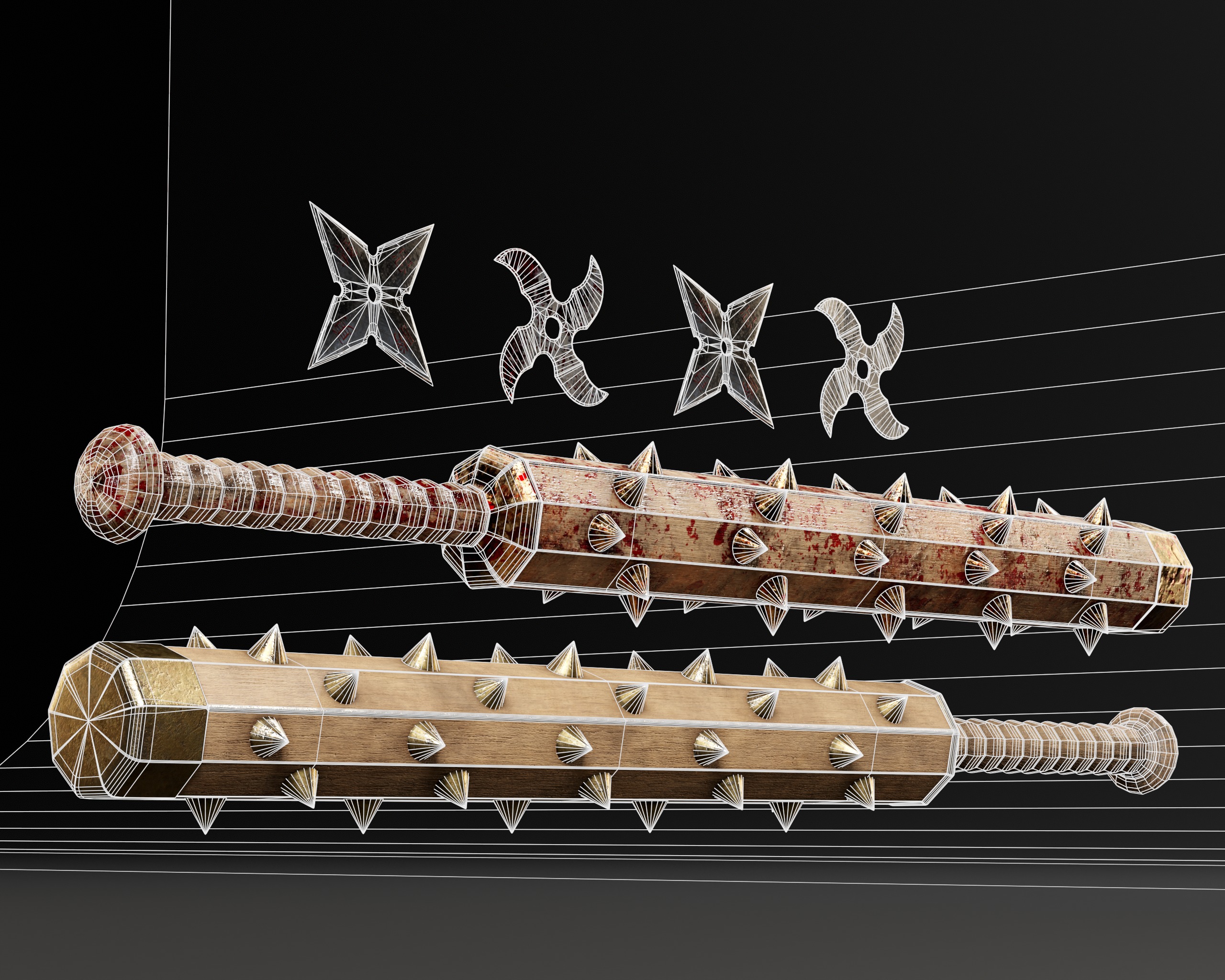 Tetsubo and Shurikens Low-poly 3D model_5