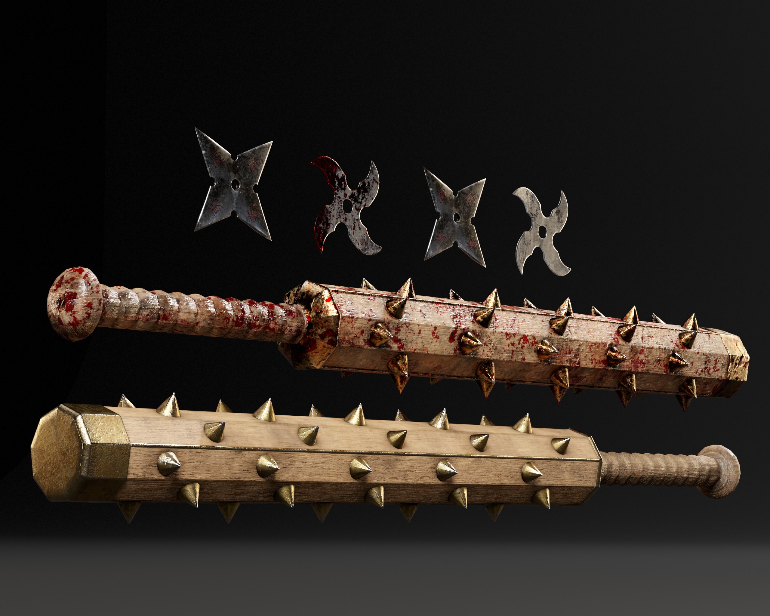 Tetsubo and Shurikens Low-poly 3D model_4