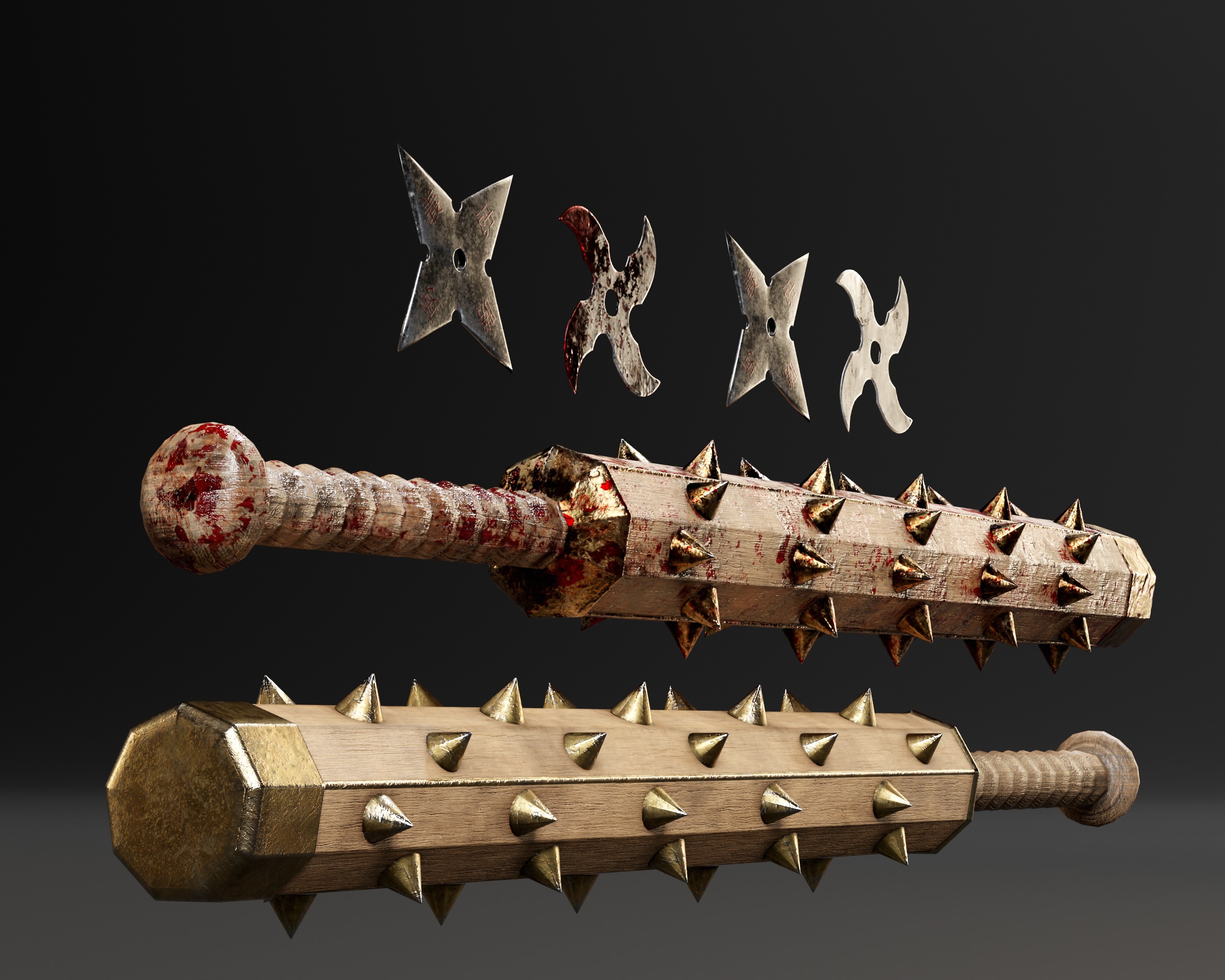 Tetsubo and Shurikens Low-poly 3D model_6