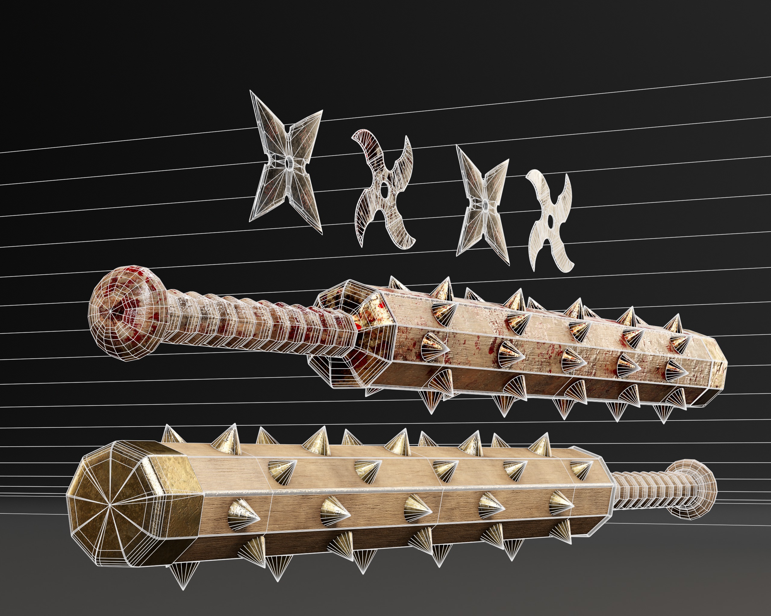 Tetsubo and Shurikens Low-poly 3D model_7