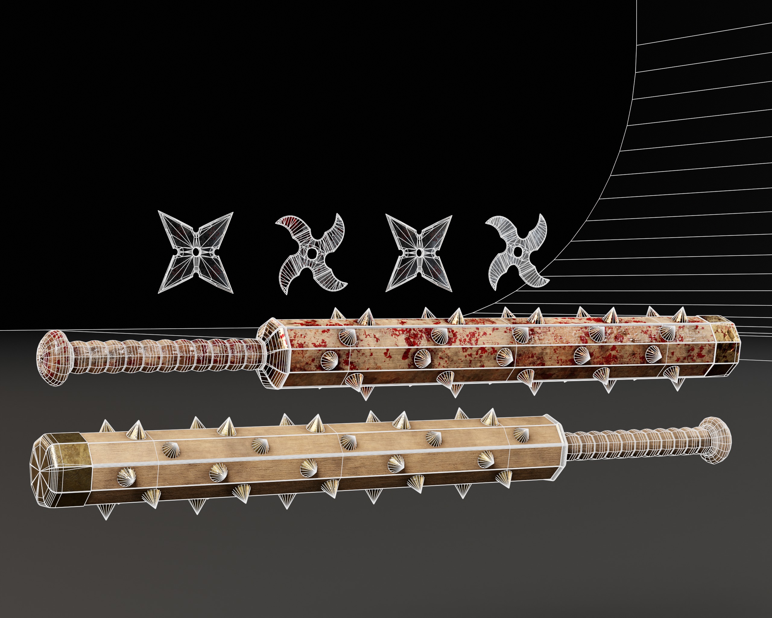 Tetsubo and Shurikens Low-poly 3D model_3