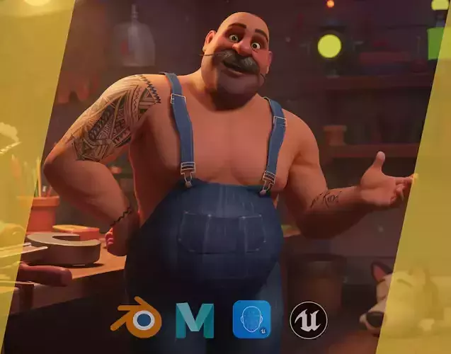 Cartoon Muscular Farmer with Tattoo and Moustache