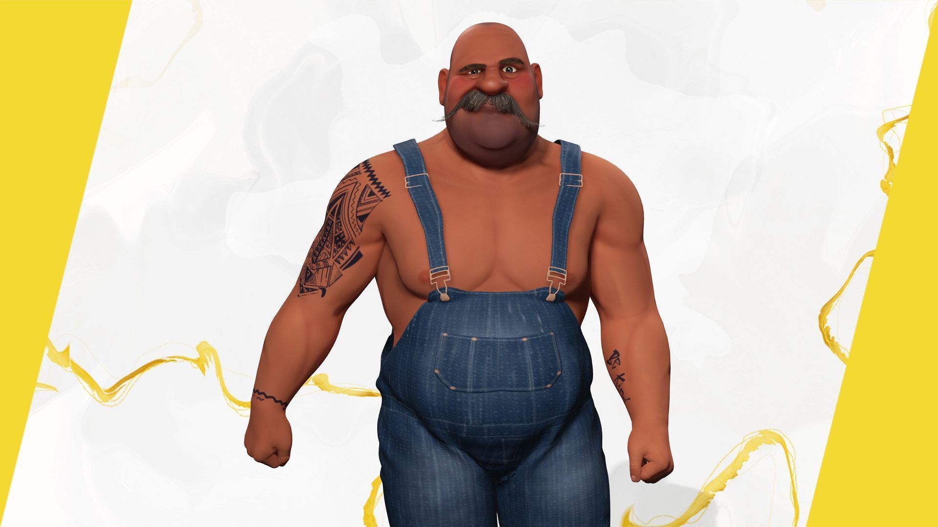 Cartoon Muscular Farmer with Tattoo and Moustache Low-poly 3D model_7