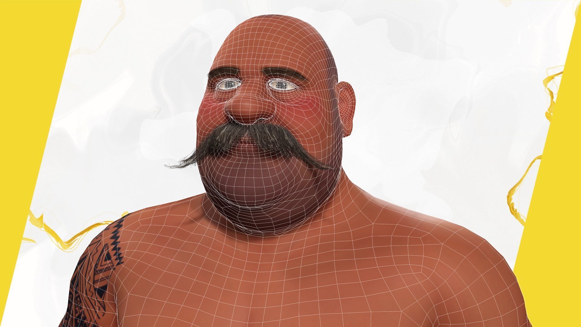 Cartoon Muscular Farmer with Tattoo and Moustache Low-poly 3D model_6