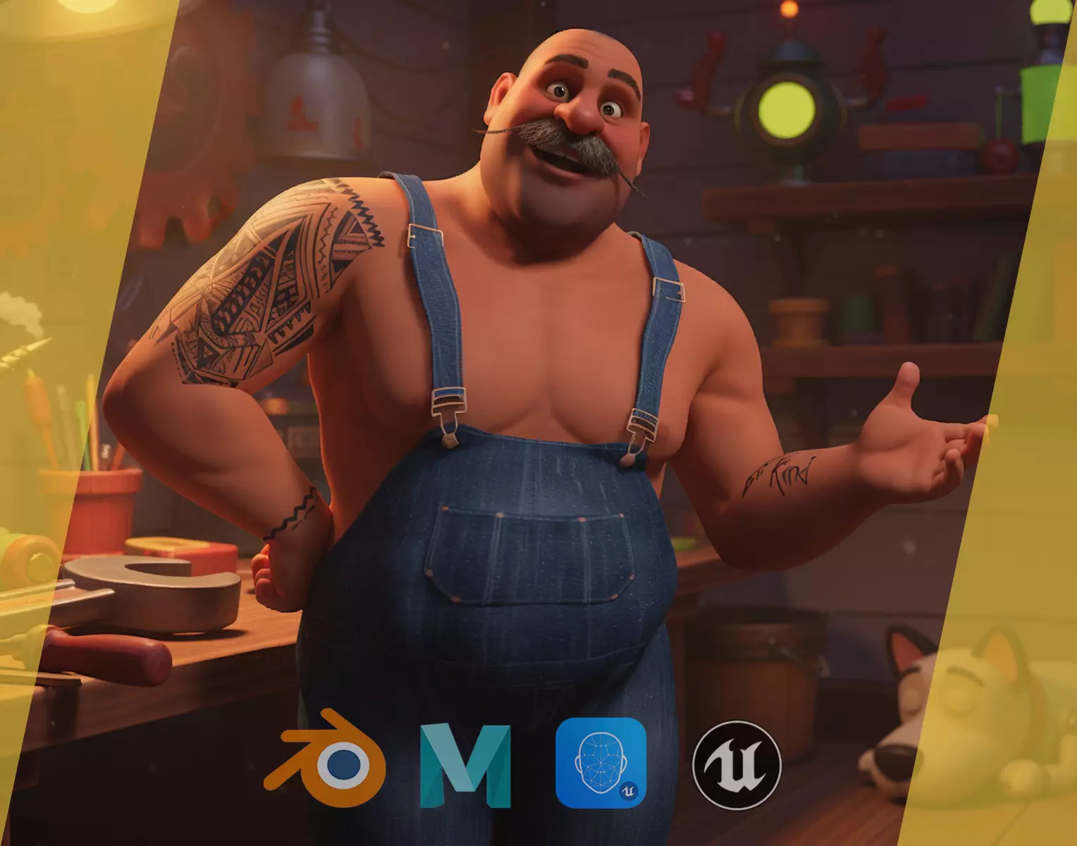 Cartoon Muscular Farmer with Tattoo and Moustache Low-poly 3D model_31