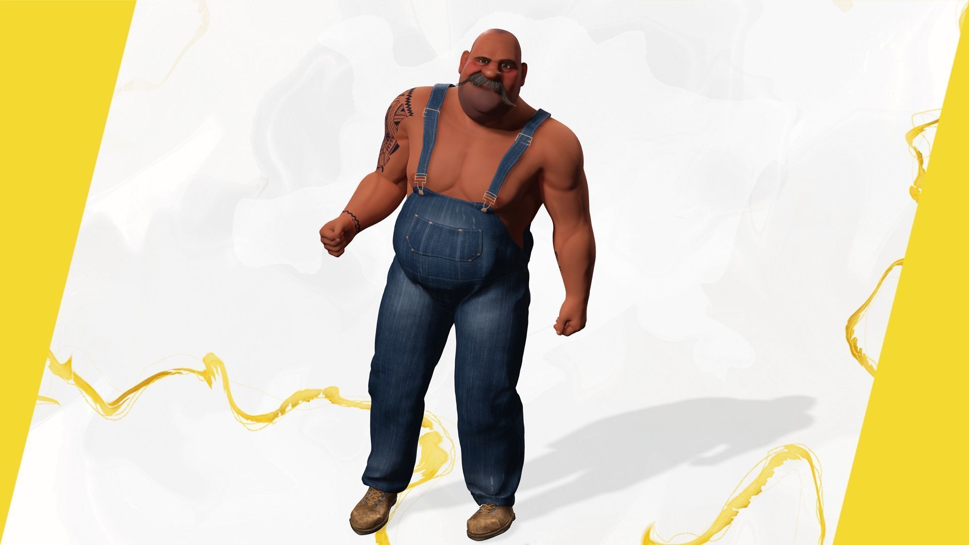 Cartoon Muscular Farmer with Tattoo and Moustache Low-poly 3D model_8