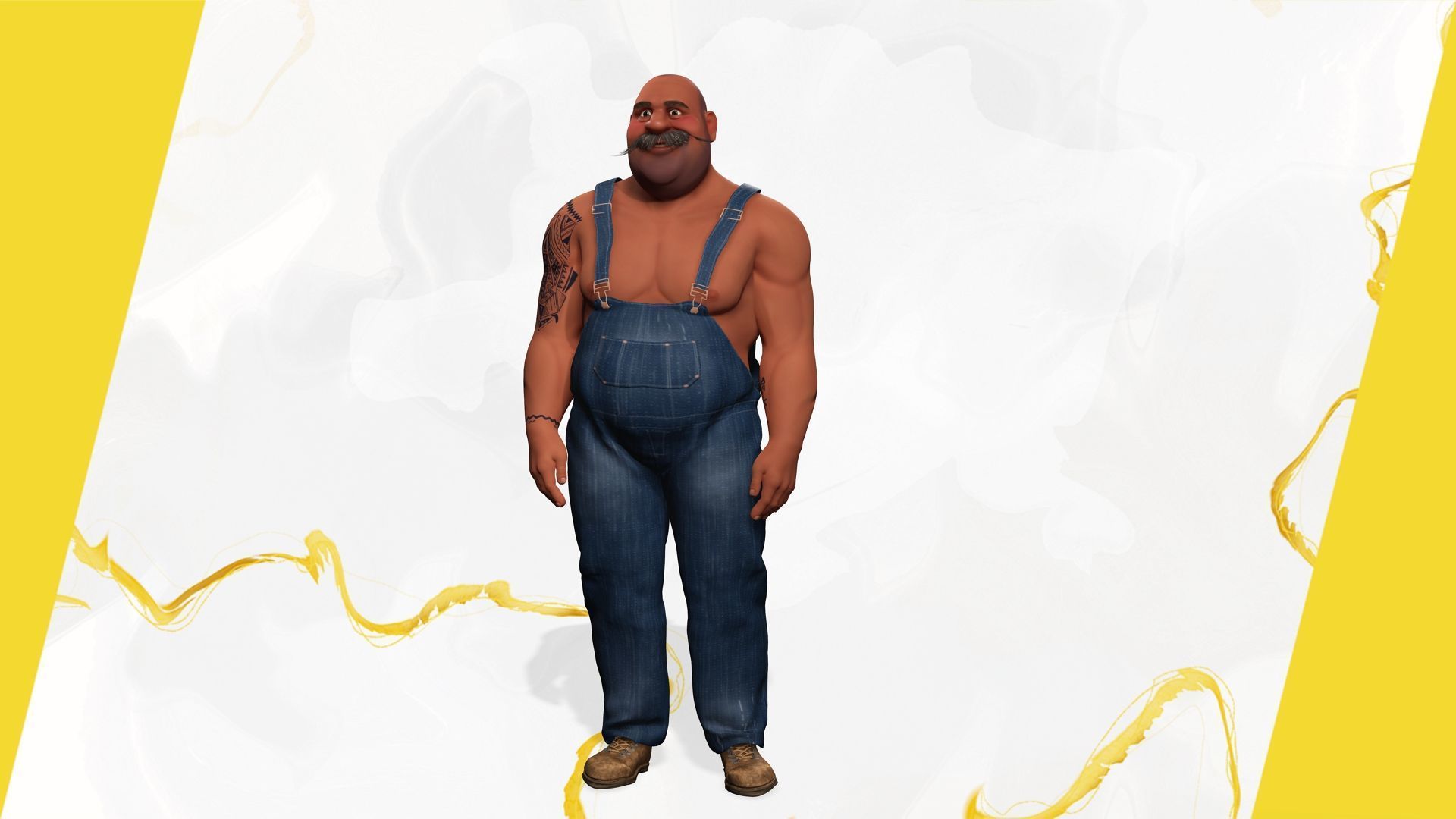 Cartoon Muscular Farmer with Tattoo and Moustache Low-poly 3D model_11