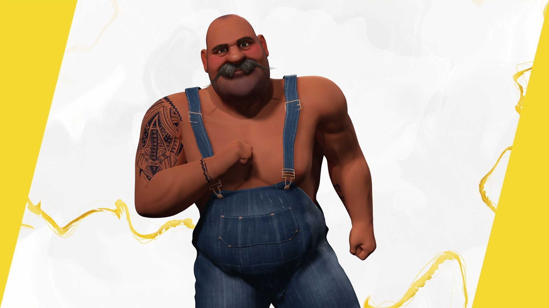 Cartoon Muscular Farmer with Tattoo and Moustache Low-poly 3D model_13