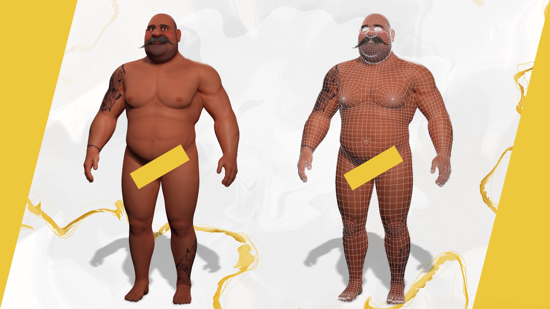 Cartoon Muscular Farmer with Tattoo and Moustache Low-poly 3D model_2