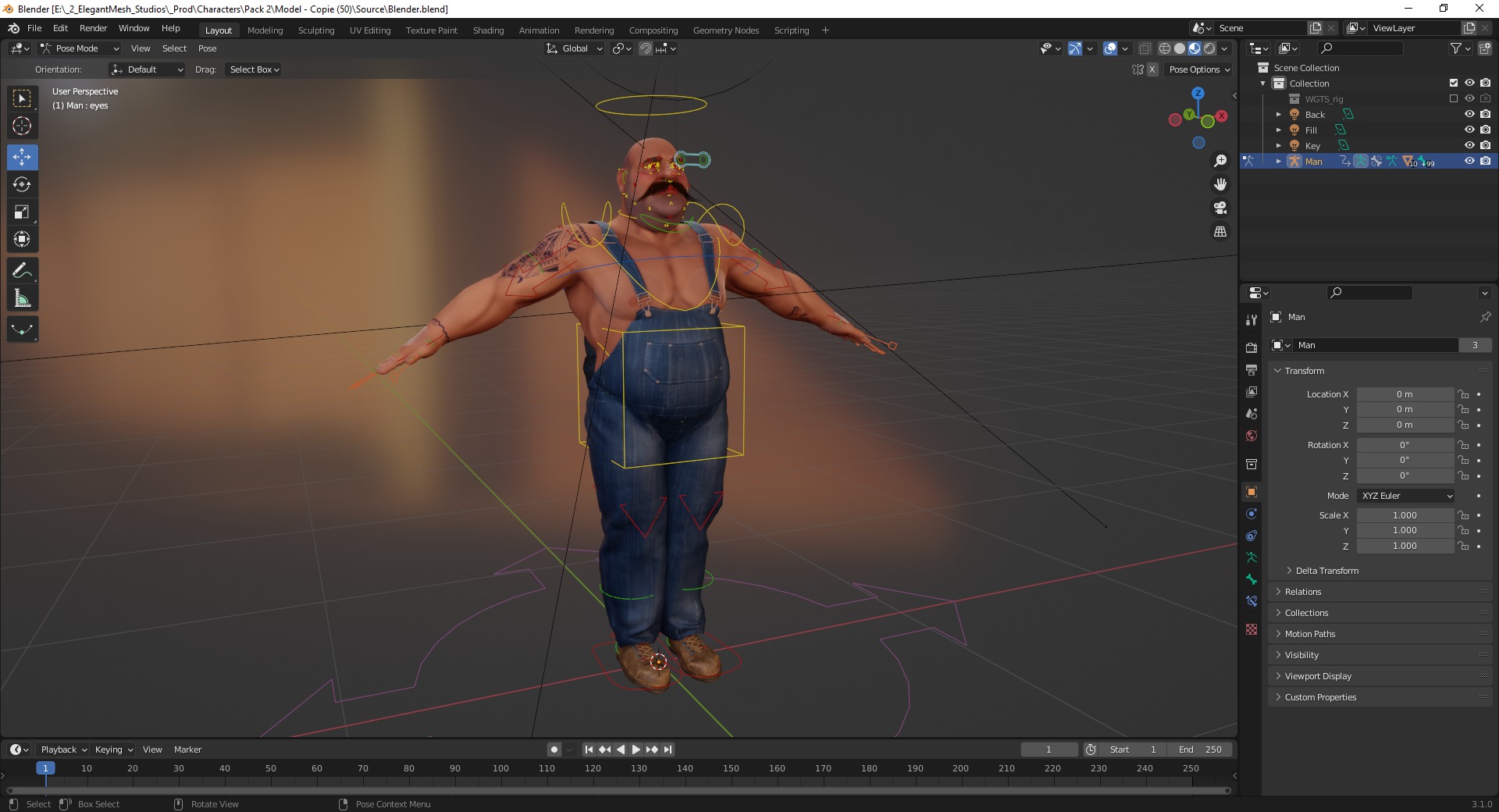 Cartoon Muscular Farmer with Tattoo and Moustache Low-poly 3D model_19
