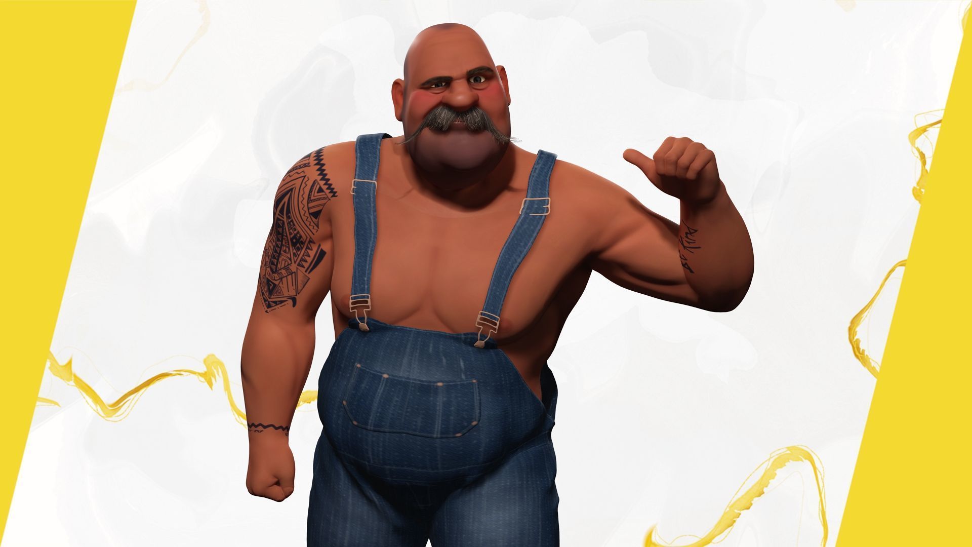 Cartoon Muscular Farmer with Tattoo and Moustache Low-poly 3D model_14