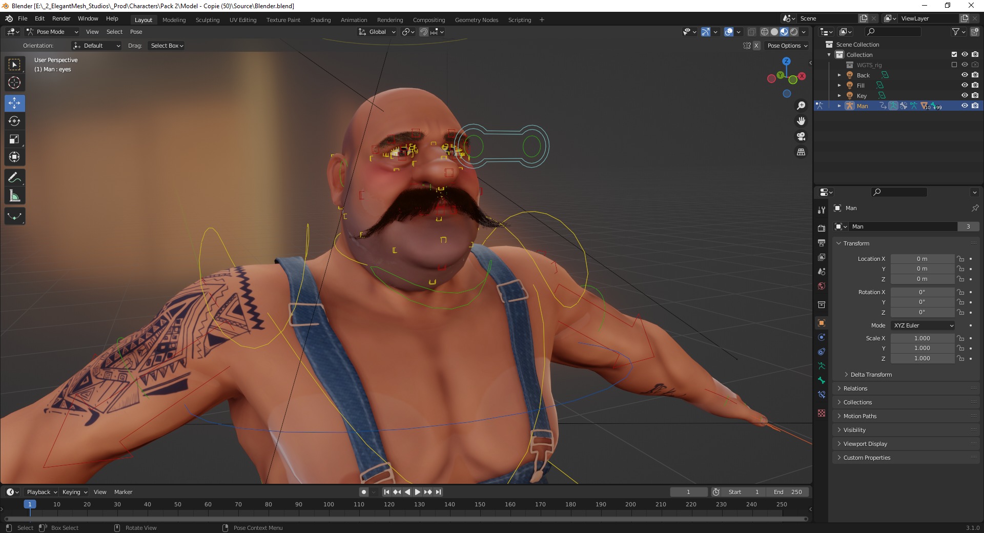 Cartoon Muscular Farmer with Tattoo and Moustache Low-poly 3D model_20