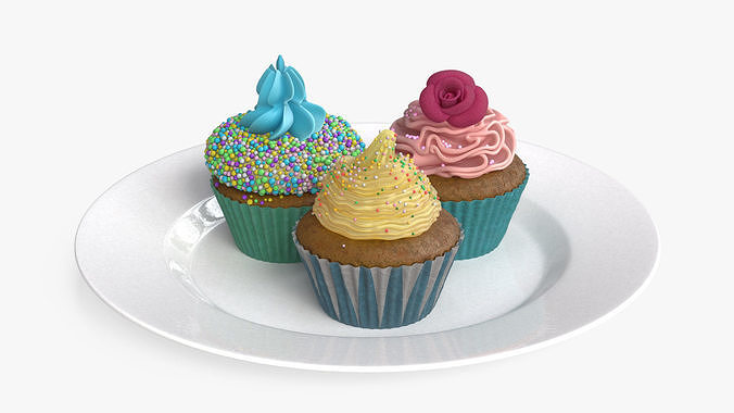 Three Cupcakes on Platter 3D model 6