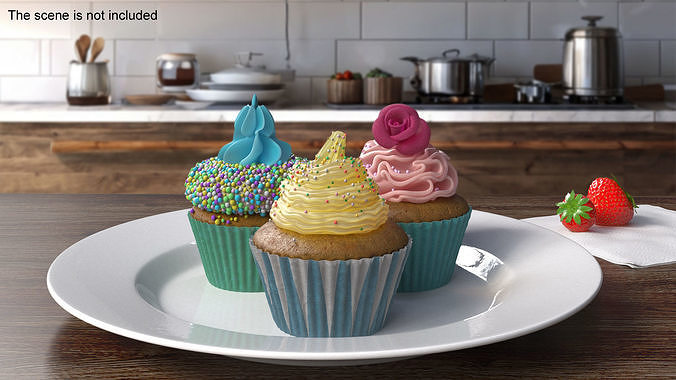 Three Cupcakes on Platter 3D model