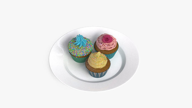 Three Cupcakes on Platter 3D model 5