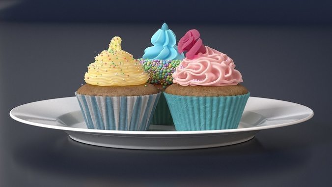Three Cupcakes on Platter 3D model 4
