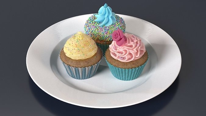 Three Cupcakes on Platter 3D model 3