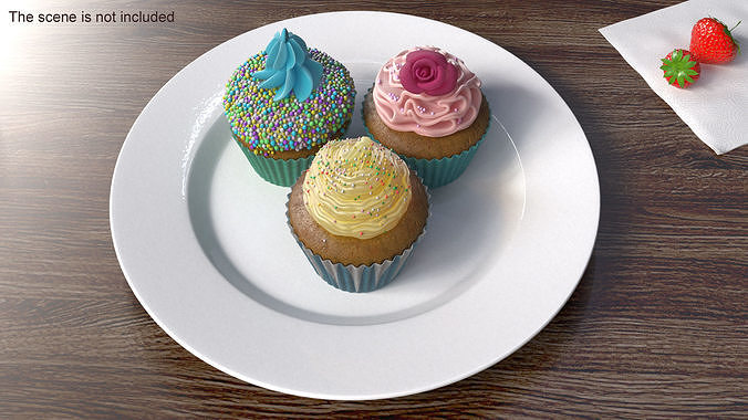 Three Cupcakes on Platter 3D model 2