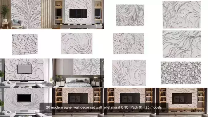 20 modern panel wall decor set wall relief mural CNC  Pack 01 3D Model Collection