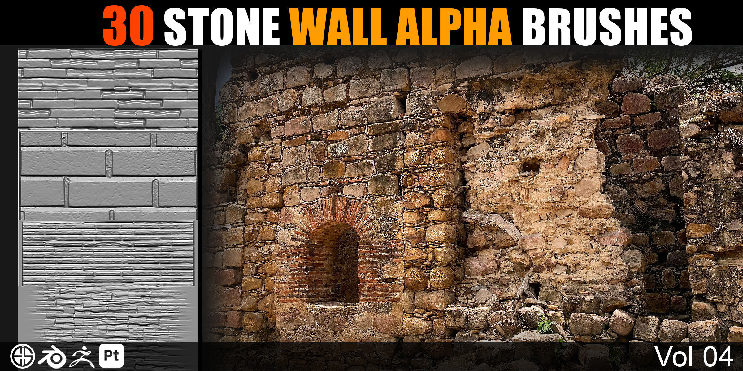 30 Real Stone Alpha Brushes-Blender Alpha Brush - Zbrush Brush 3D model_5