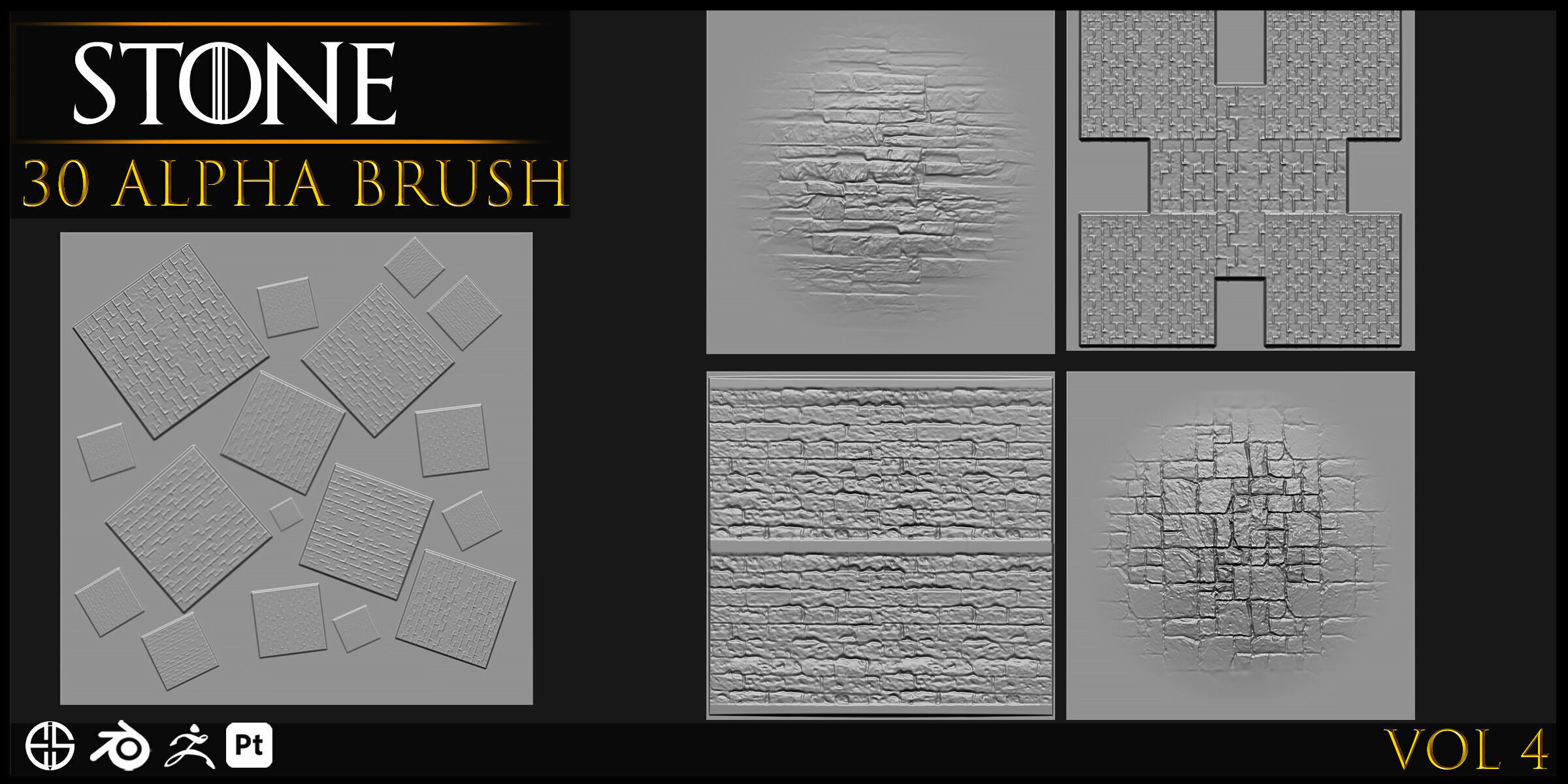 30 Real Stone Alpha Brushes-Blender Alpha Brush - Zbrush Brush 3D model_13