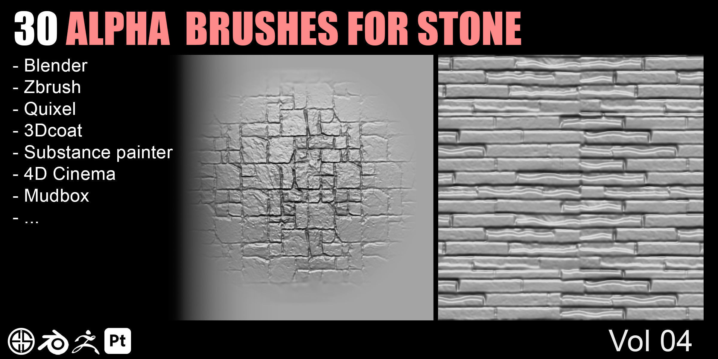 30 Real Stone Alpha Brushes-Blender Alpha Brush - Zbrush Brush 3D model_7
