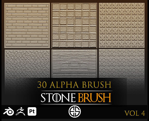 30 Real Stone Alpha Brushes-Blender Alpha Brush - Zbrush Brush 3D model