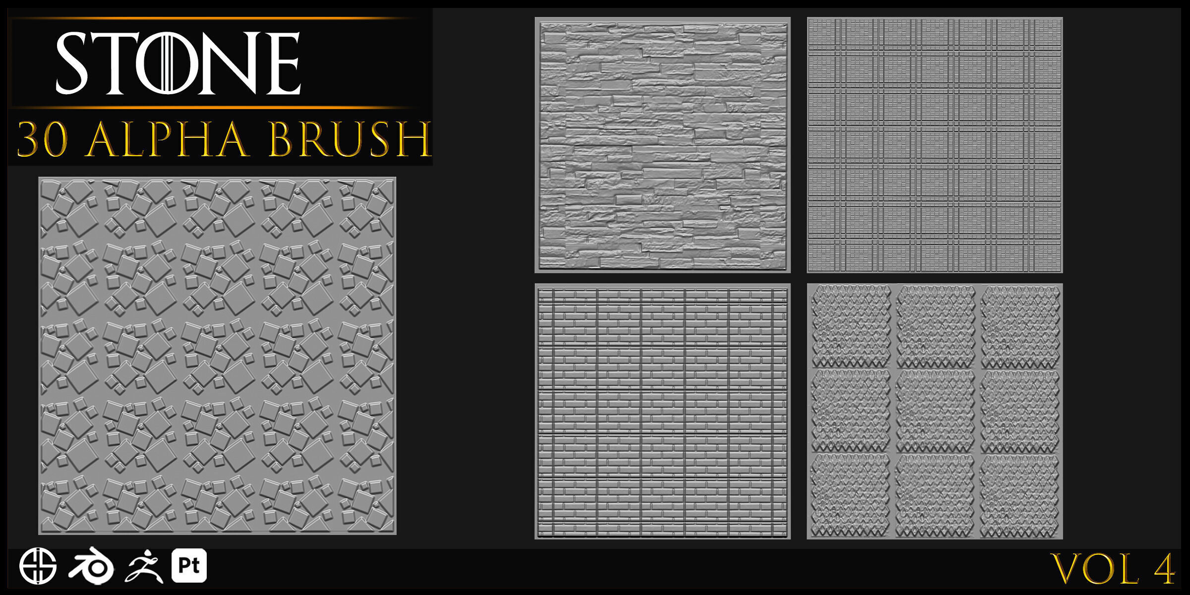 30 Real Stone Alpha Brushes-Blender Alpha Brush - Zbrush Brush 3D model_10