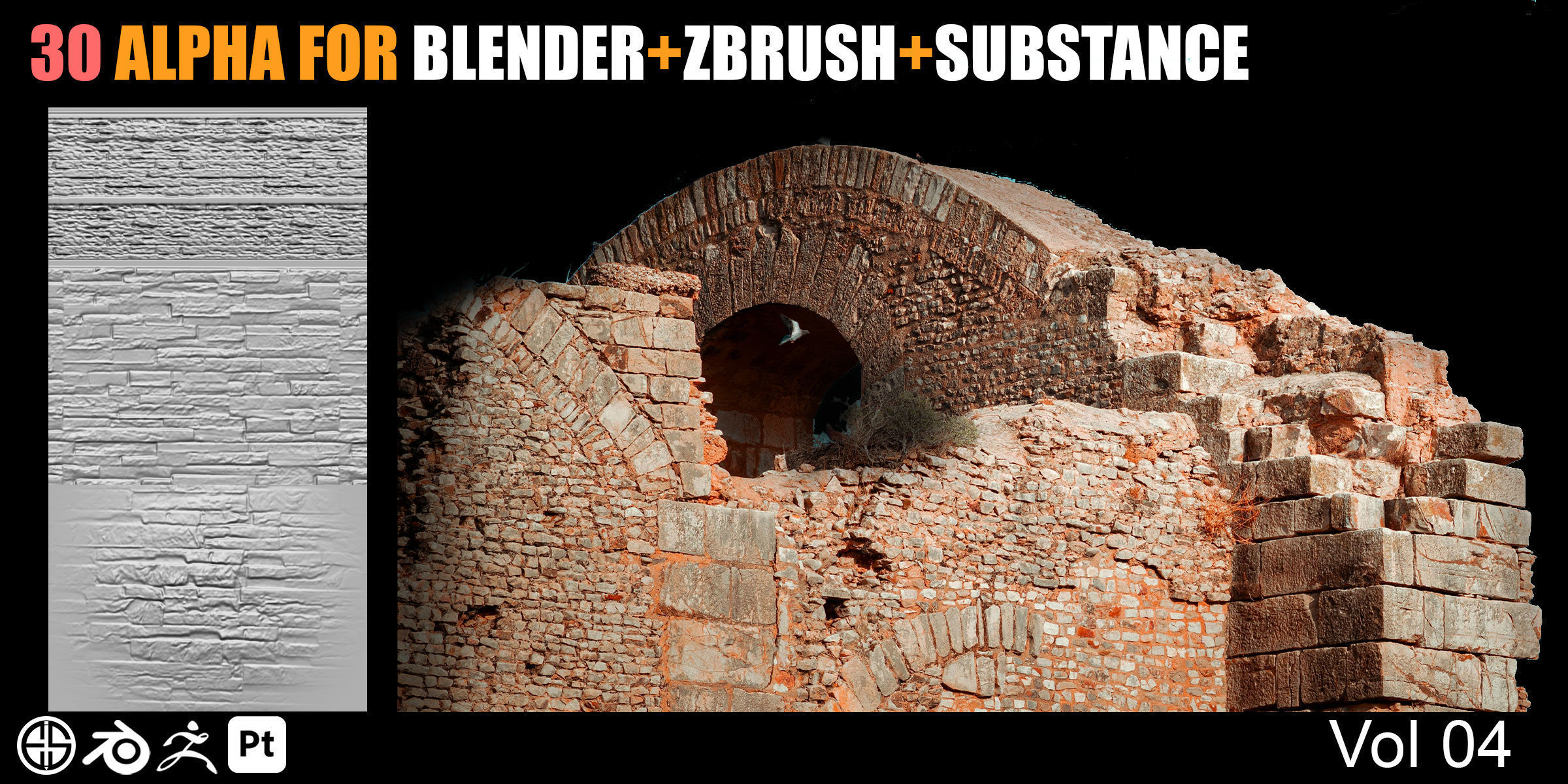 30 Real Stone Alpha Brushes-Blender Alpha Brush - Zbrush Brush 3D model_9