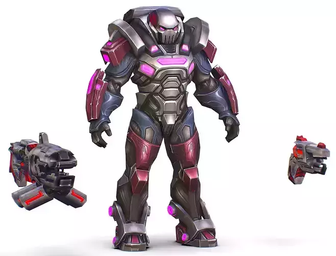 Cartoon Sci-Fi Cyborg Drone Heavy Machine Gunner Low-poly 3D model
