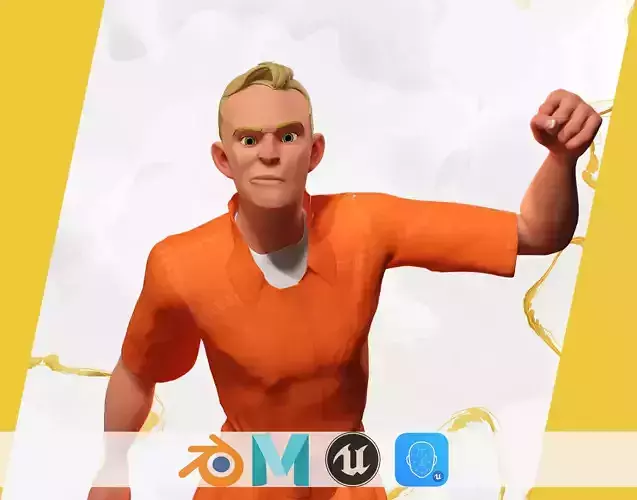 Cartoon Prisoner in Orange Jumpsuit Low-poly 3D model