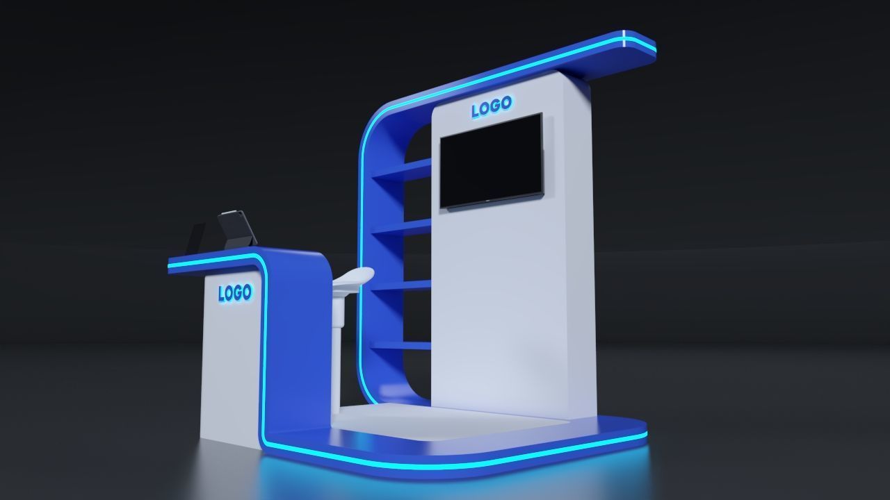 Booth 200x250cm white and blue 3D model_4