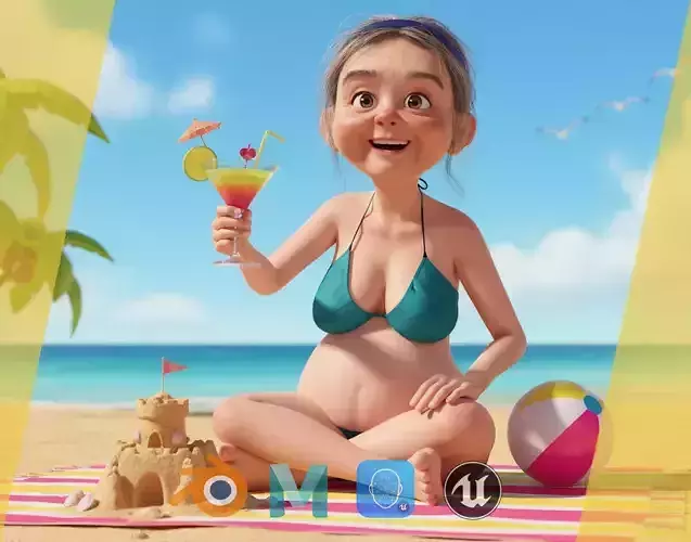 funny cartoon  old women in bikini Low-poly 3D model
