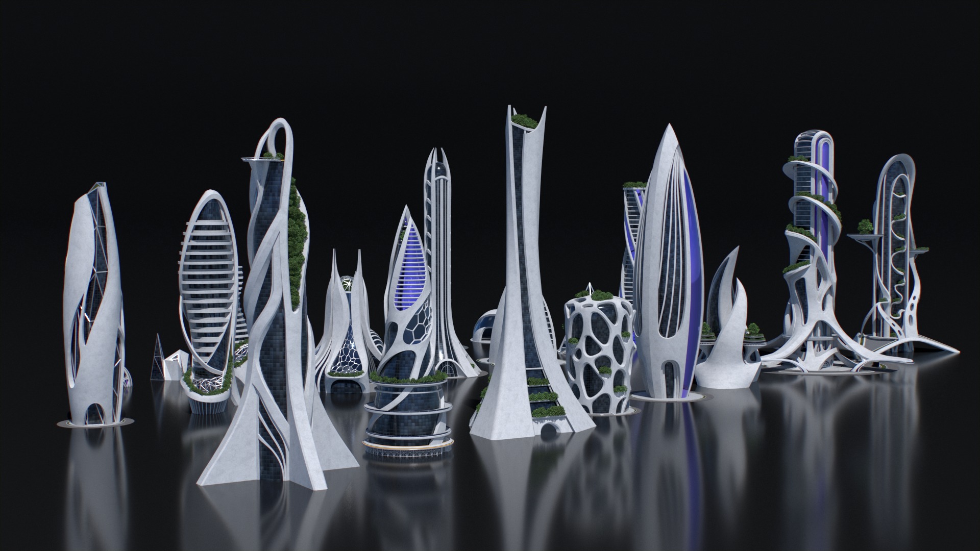 Futuristic city Utopian Buildings kit 3D model_6