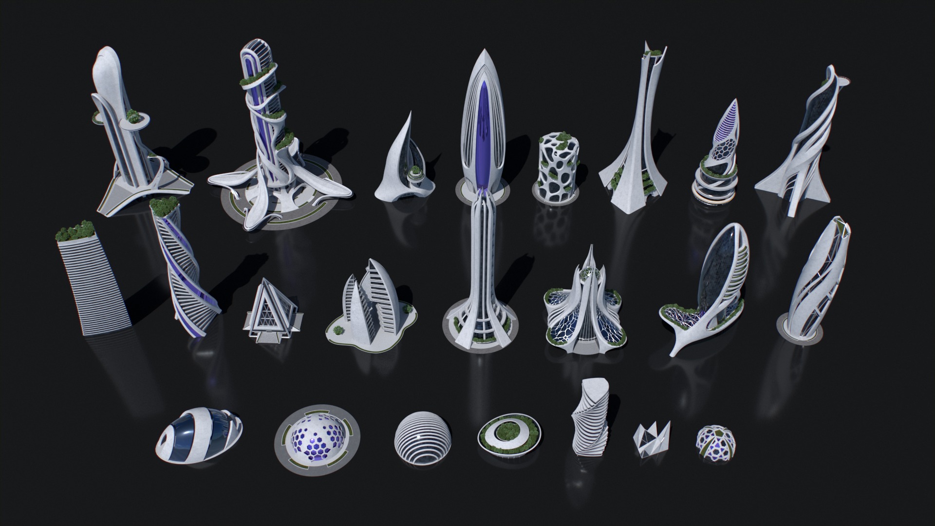 Futuristic city Utopian Buildings kit 3D model_7