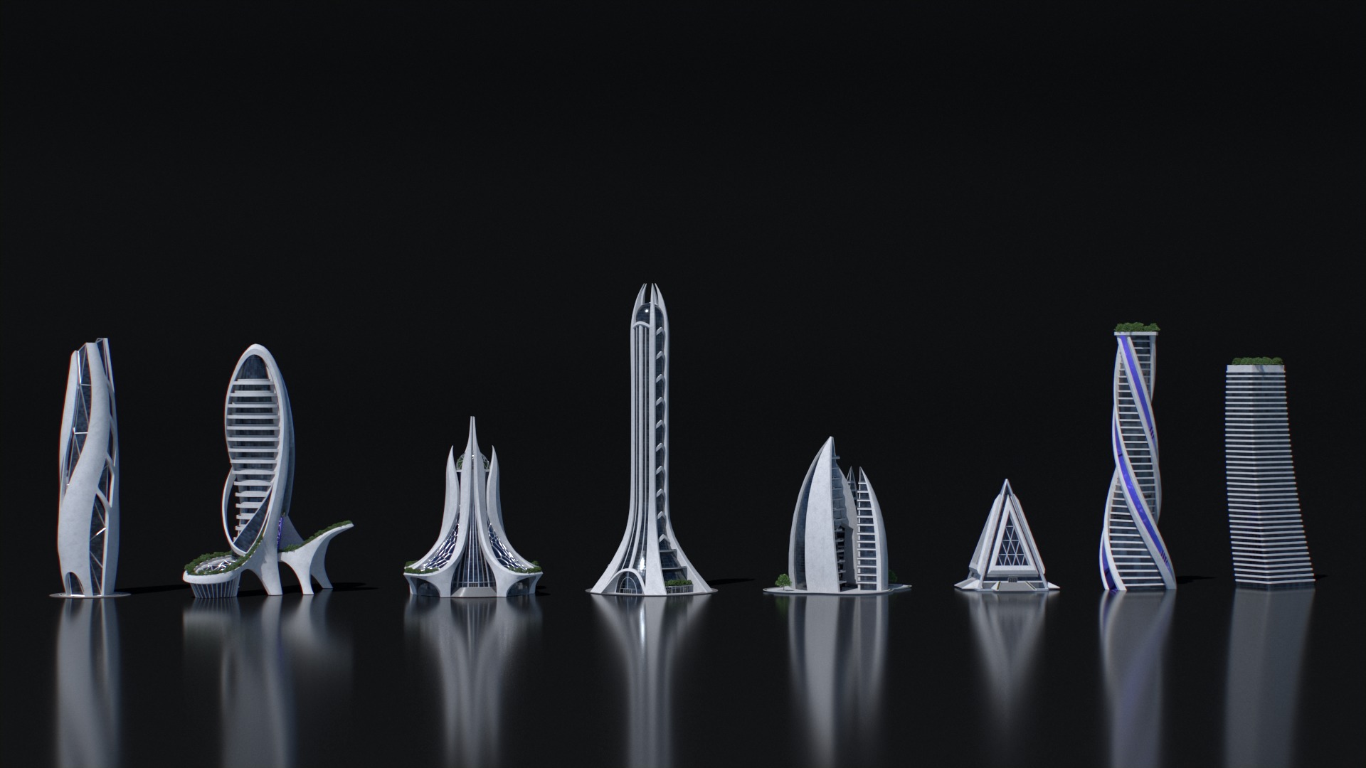 Futuristic city Utopian Buildings kit 3D model_9