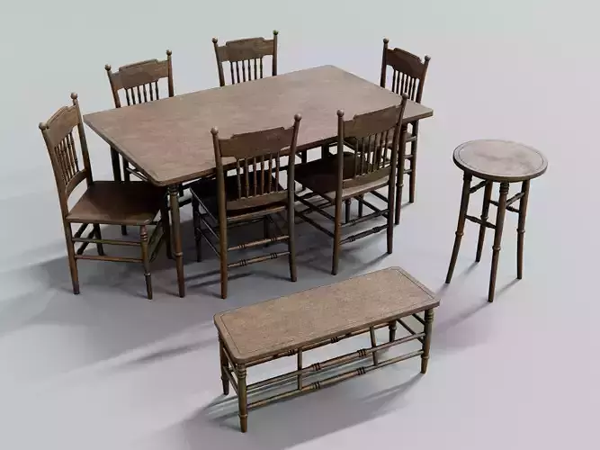chair and table set - antique furniture Low-poly 3D model