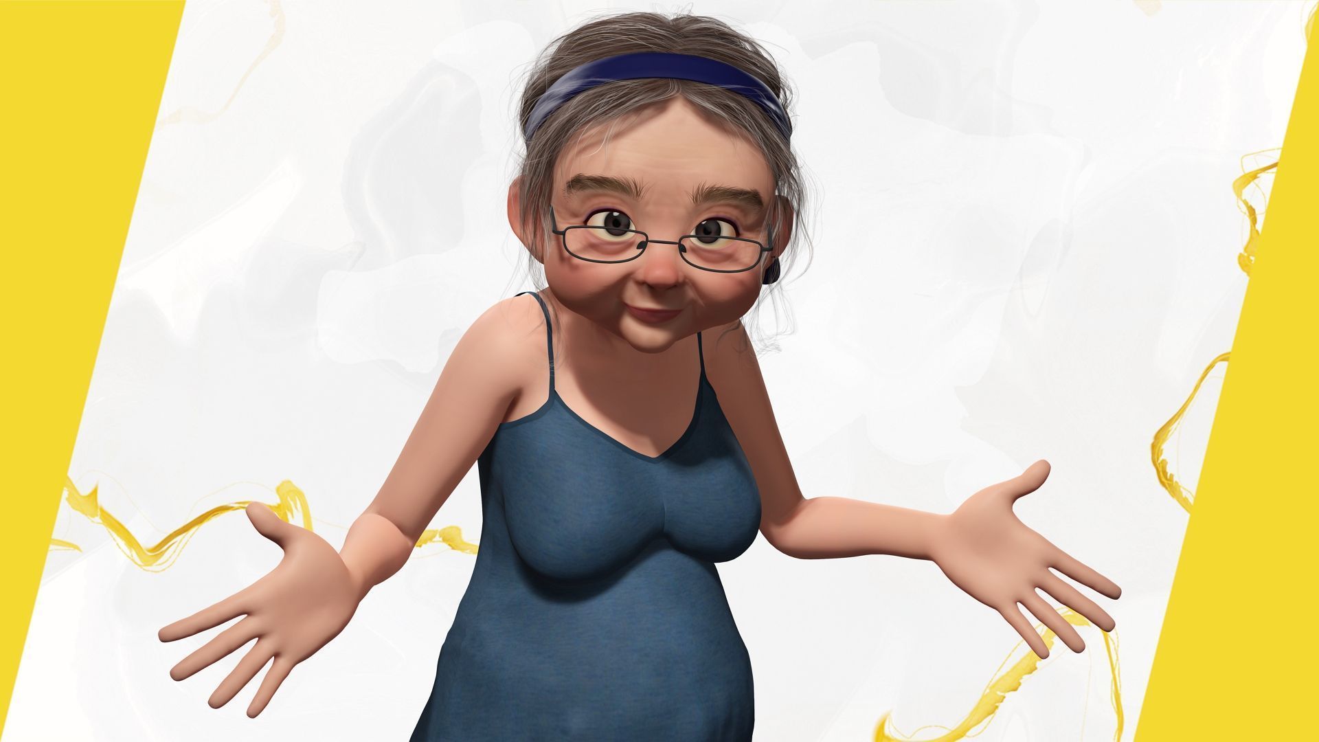 Cartoon old woman with casual clothes and glasses Low-poly 3D model_7