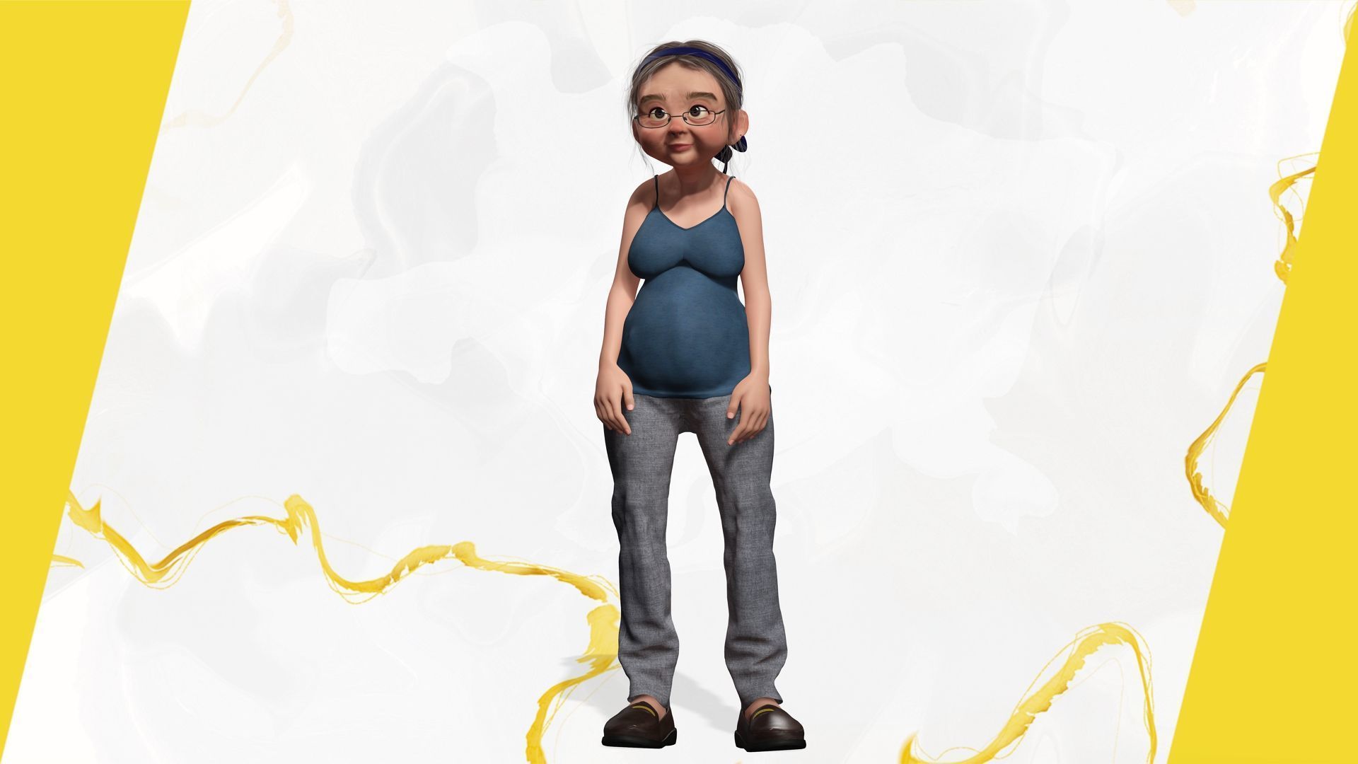 Cartoon old woman with casual clothes and glasses Low-poly 3D model_11