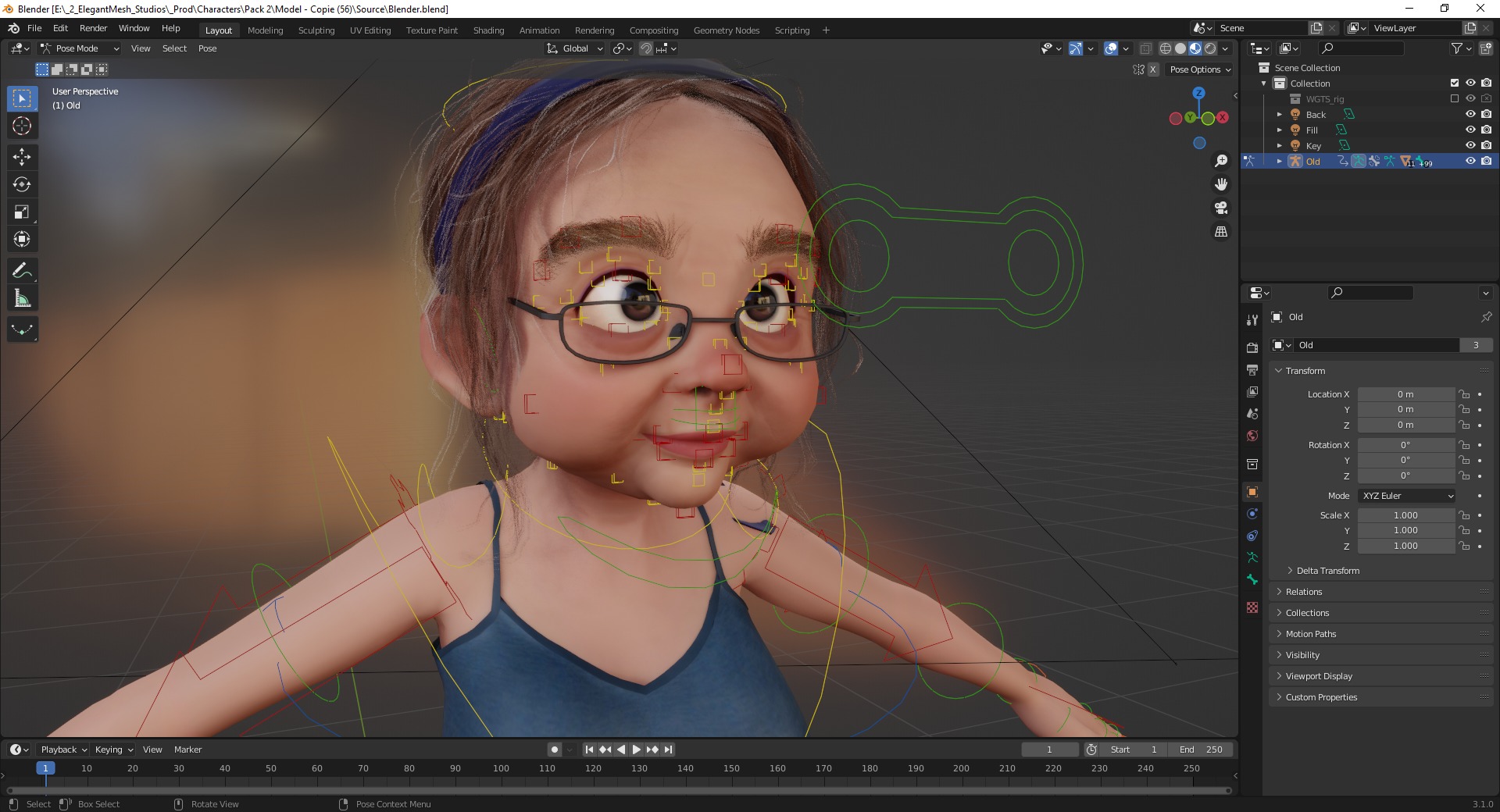 Cartoon old woman with casual clothes and glasses Low-poly 3D model_20