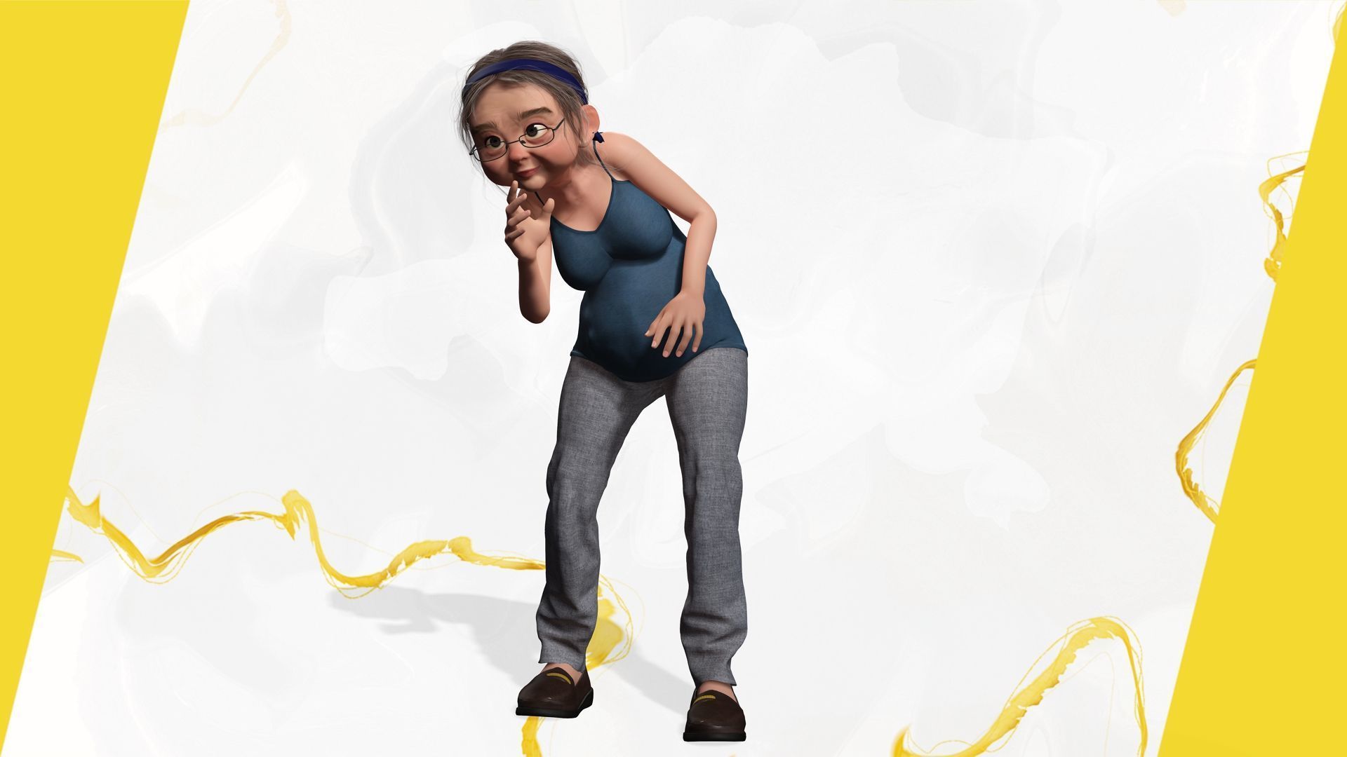 Cartoon old woman with casual clothes and glasses Low-poly 3D model_14
