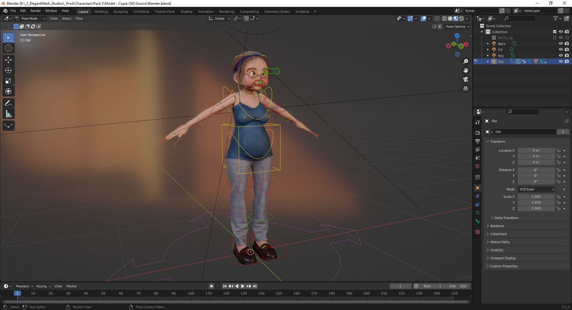 Cartoon old woman with casual clothes and glasses Low-poly 3D model_19