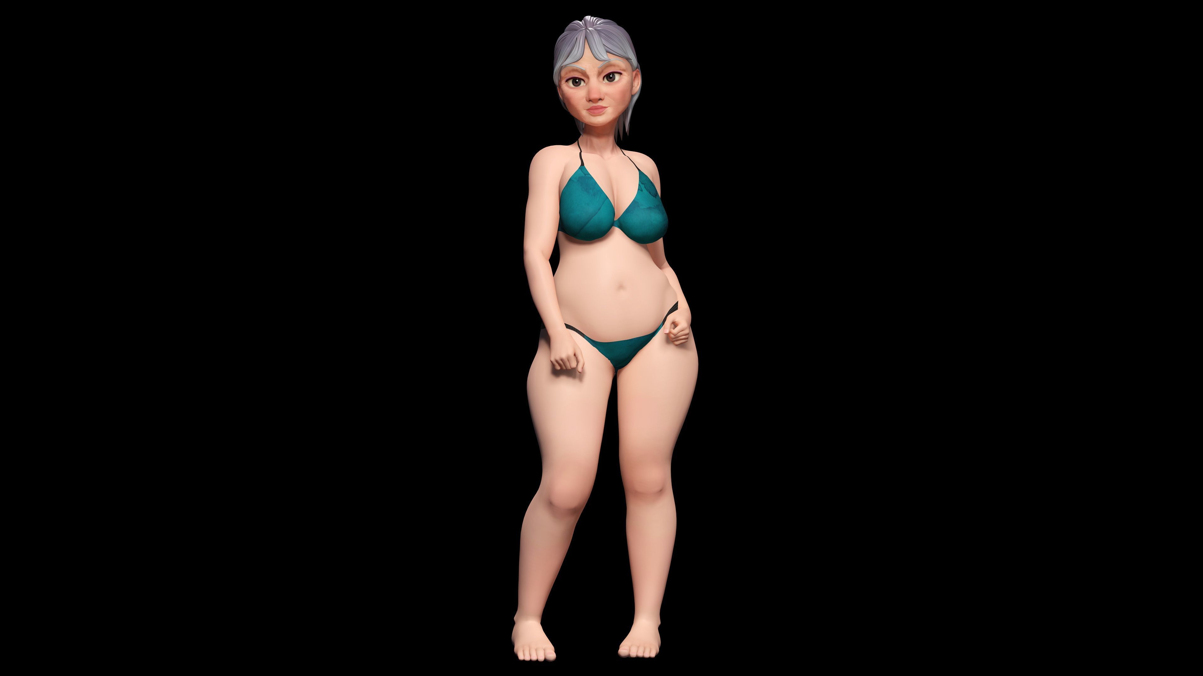 Curvy old lady character in swimsuit bikini Low-poly 3D model_14