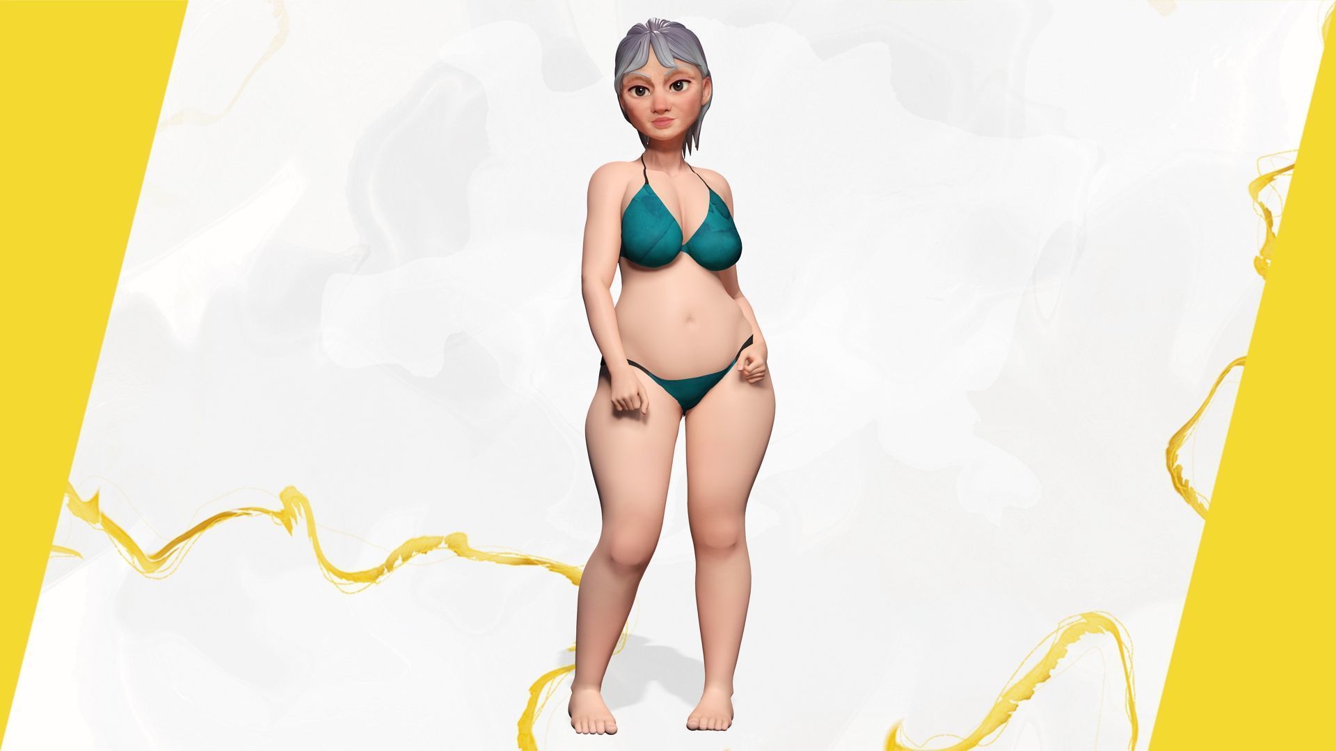Curvy old lady character in swimsuit bikini Low-poly 3D model_15
